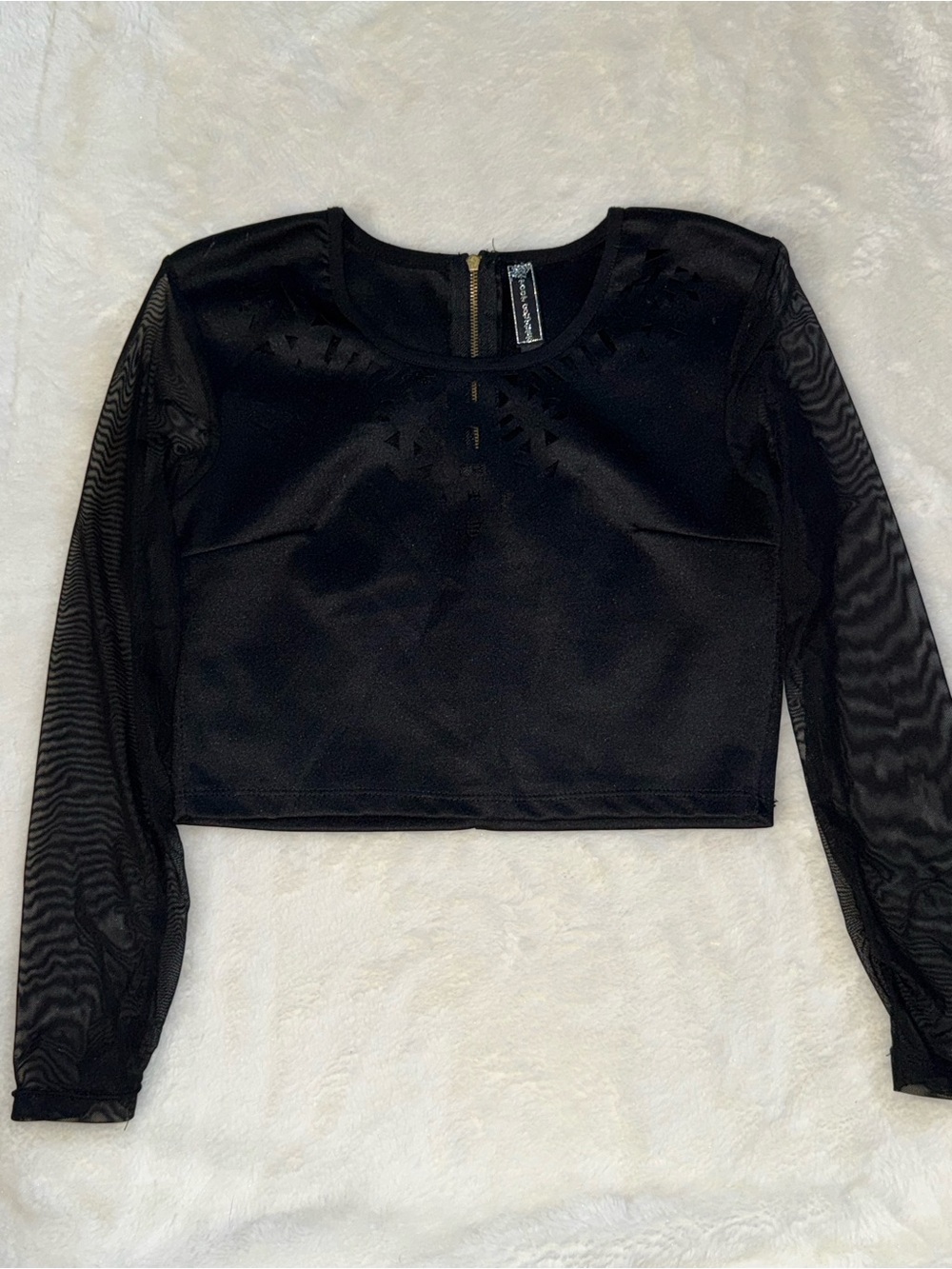 Poof Couture Black Cropped Top with Sheer Mesh Sleeves